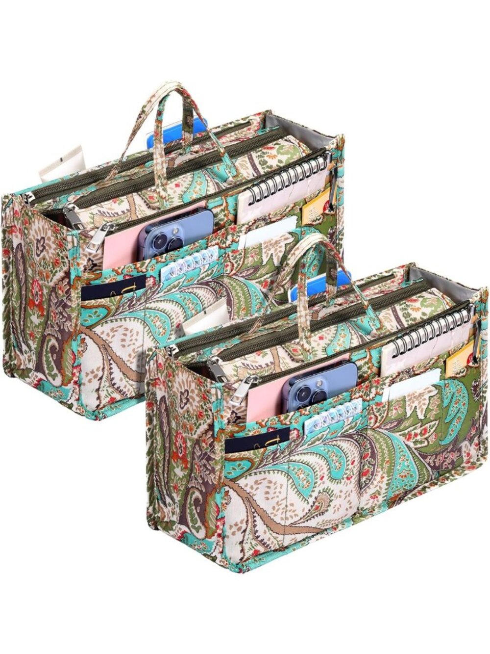 2 Pcs Peacock Flower Handbag Organizers - 13 Pocket Tote Insert for Women